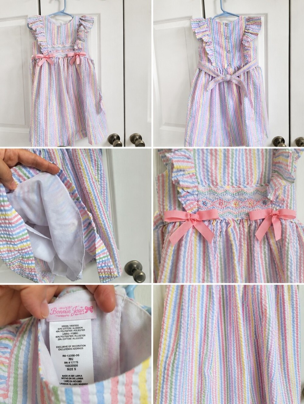 Bonnie Jean Girls Smocked Rainbow Stripe Seersucker Dress Sz 5